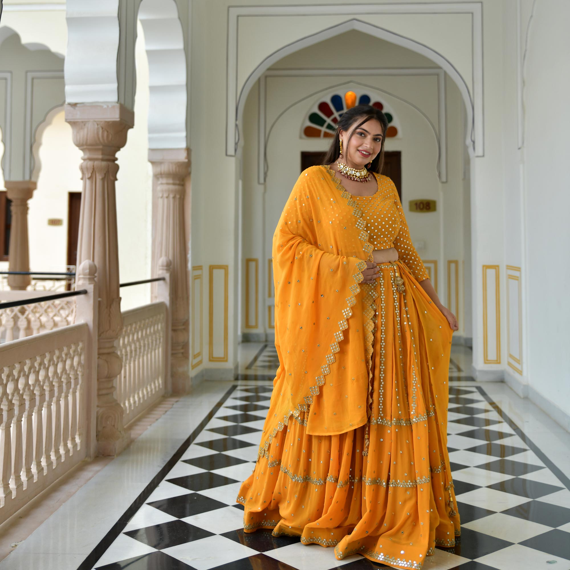 Meteor Yellow Mirror Work Lehenga Set