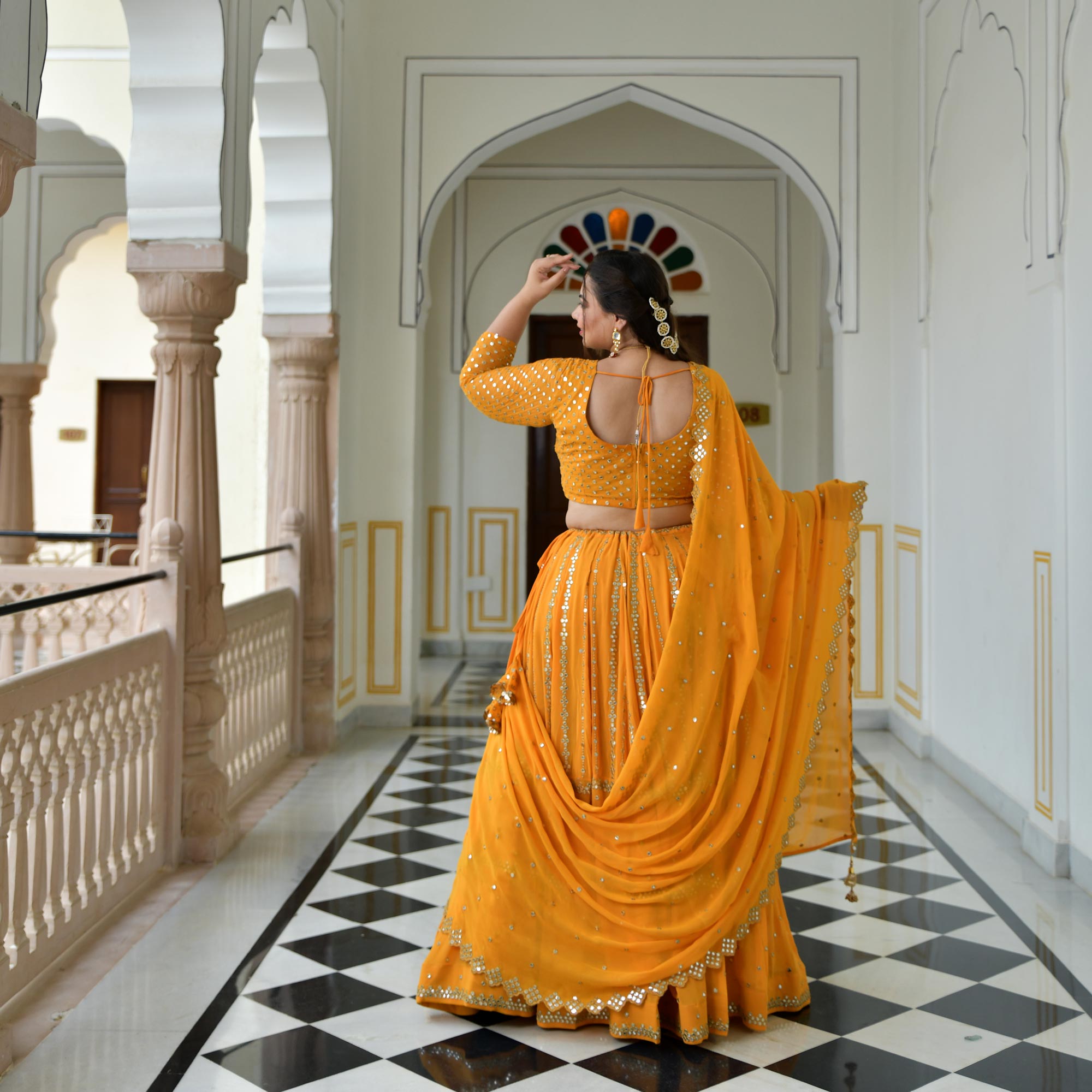 Meteor Yellow Mirror Work Lehenga Set