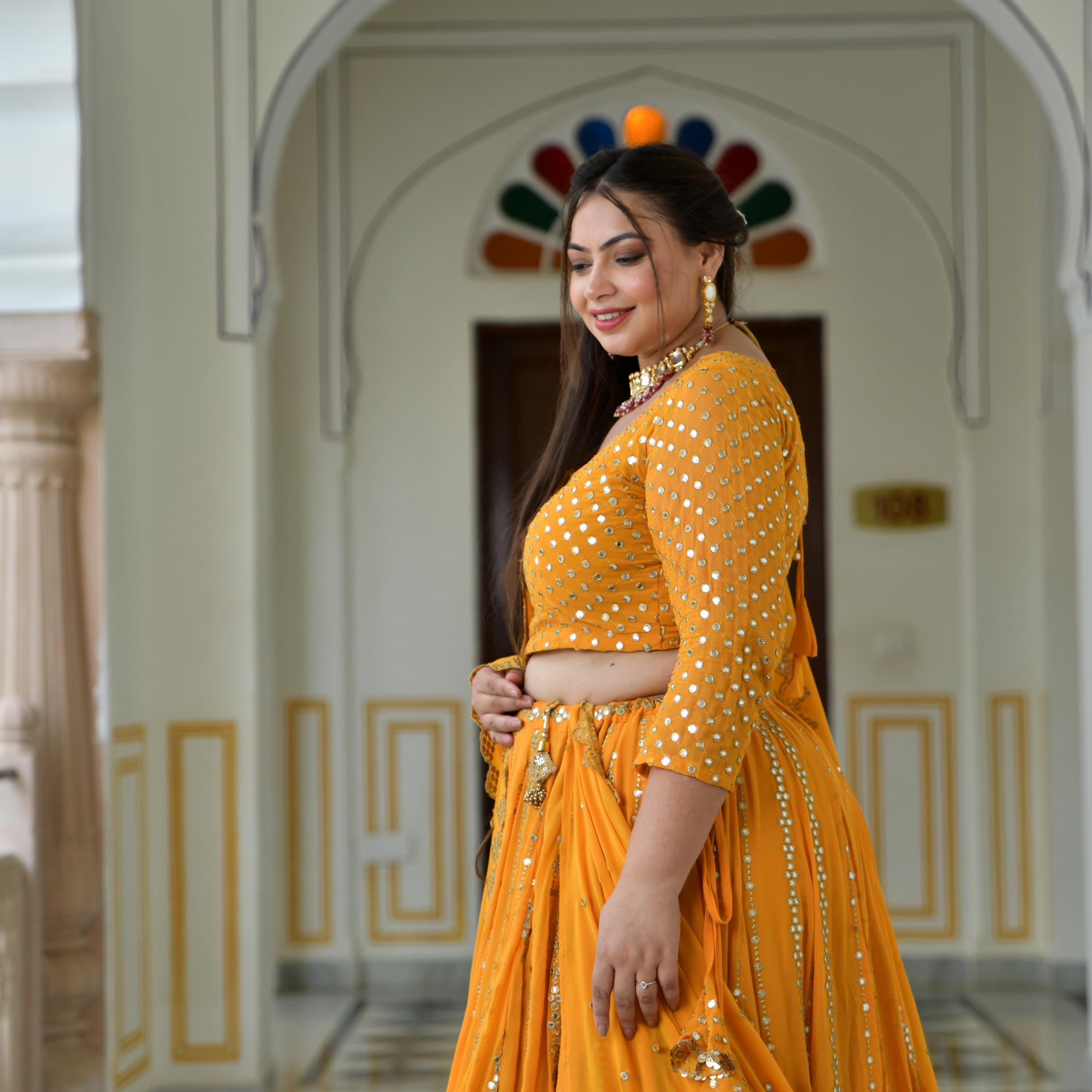 Meteor Yellow Mirror Work Lehenga Set