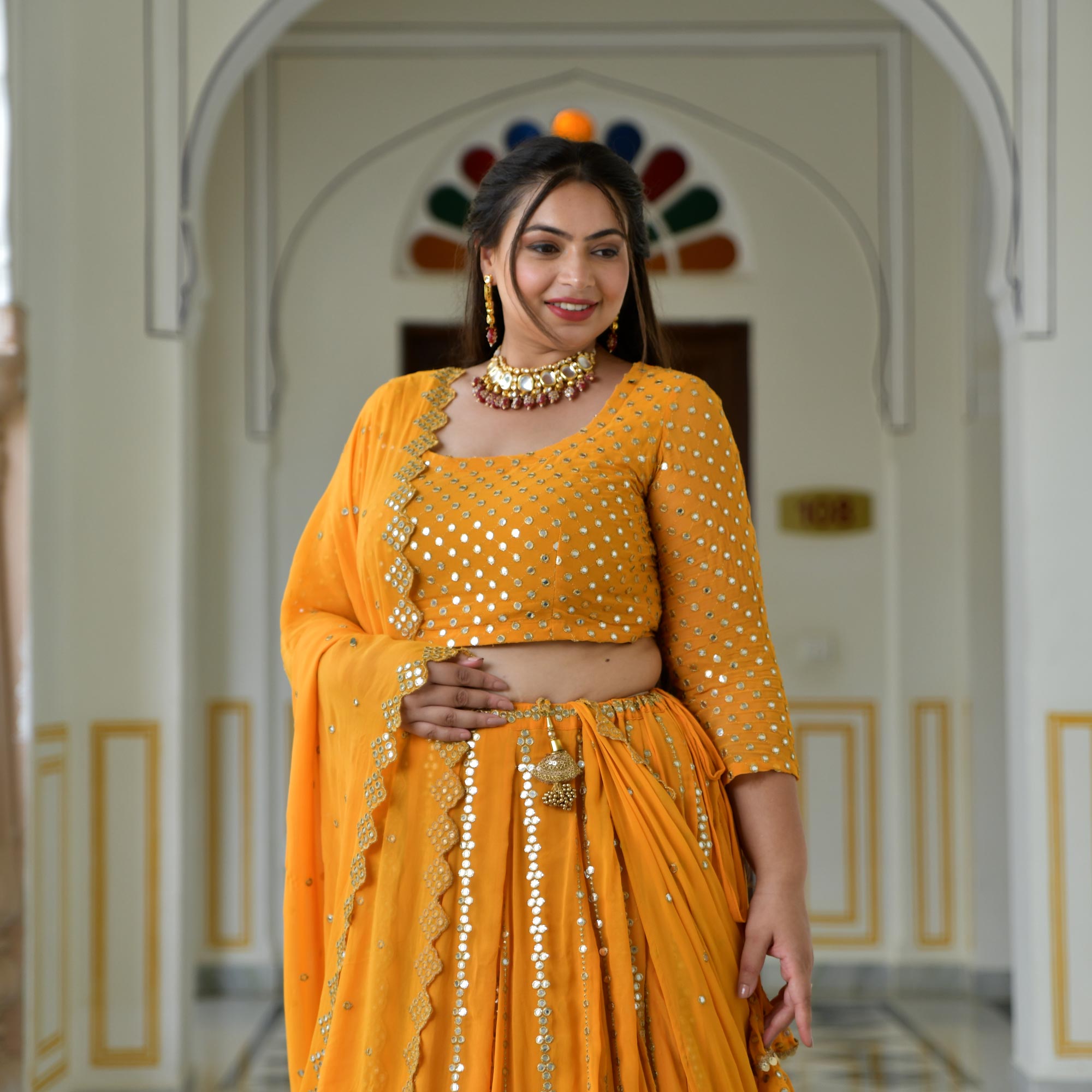 Meteor Yellow Mirror Work Lehenga Set