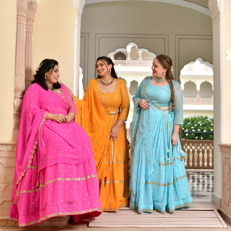 Aquamarine Blue Mirror Work Lehenga Set