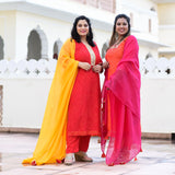 Red Yellow Mothda Pure Georgette Hand Work Kurta