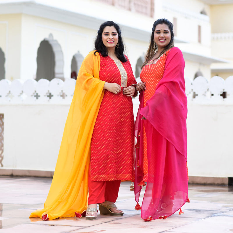 Red Yellow Mothda Pure Georgette Hand Work Kurta