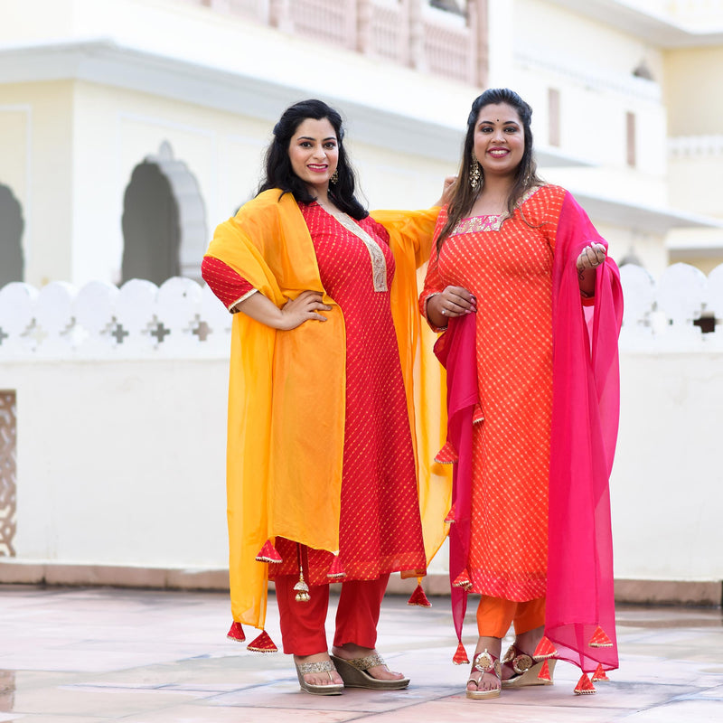 Red Yellow Mothda Pure Georgette Hand Work Kurta