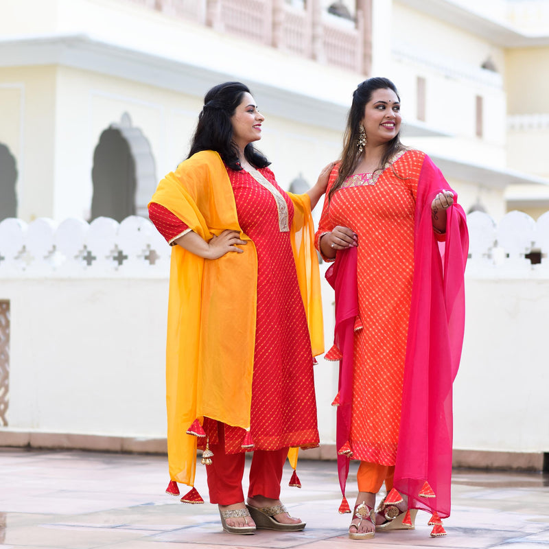 Red Yellow Mothda Pure Georgette Hand Work Kurta