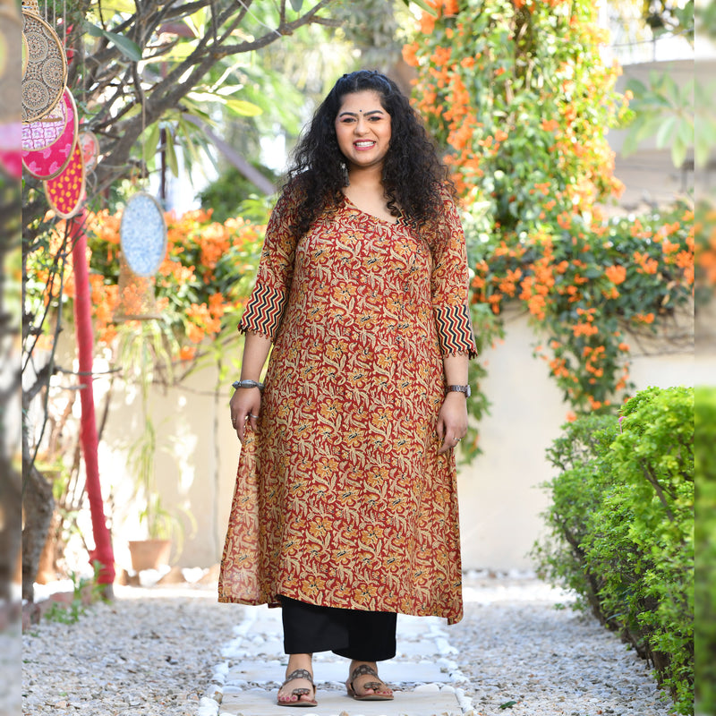 Regal Maroon Kalamkari Printed Modal Kurta