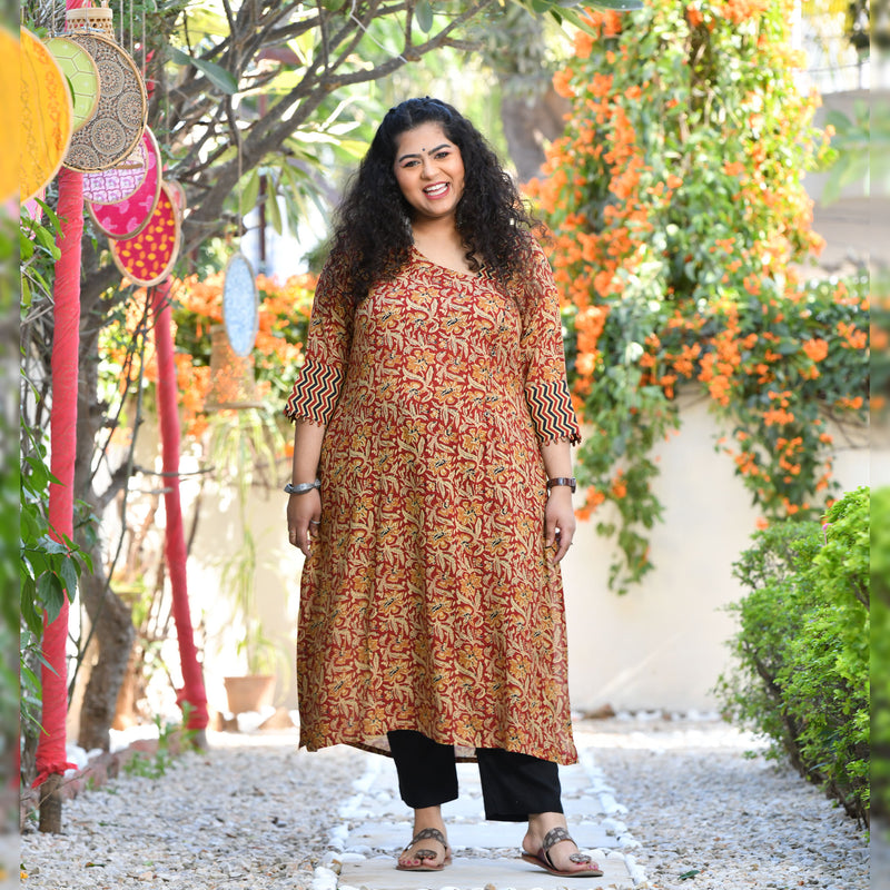 Regal Maroon Kalamkari Printed Modal Kurta