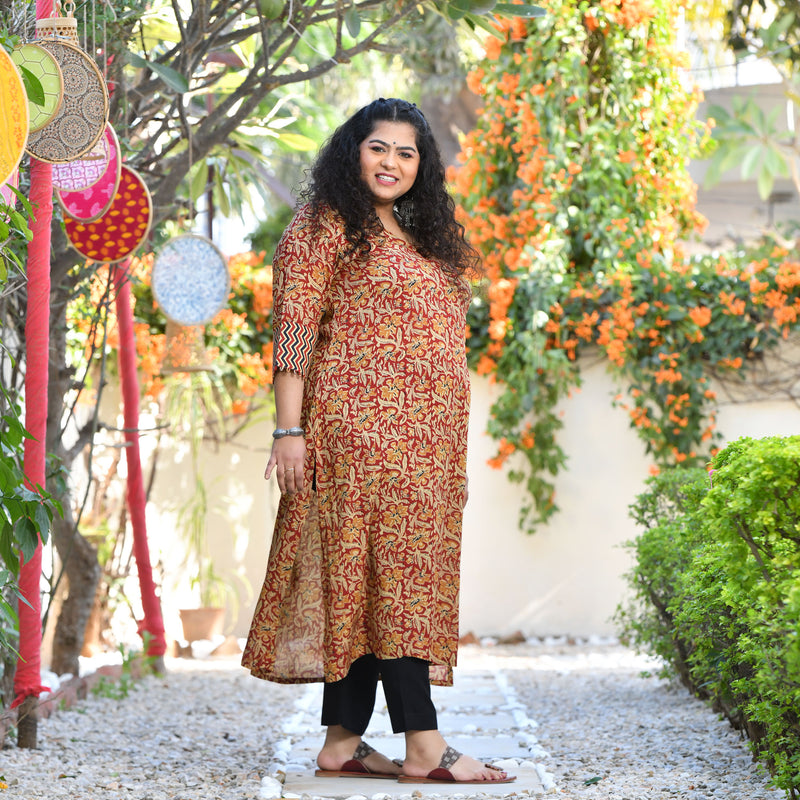 Regal Maroon Kalamkari Printed Modal Kurta