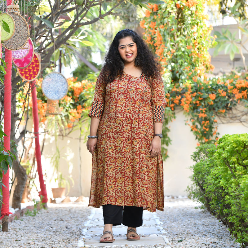 Regal Maroon Kalamkari Printed Modal Kurta