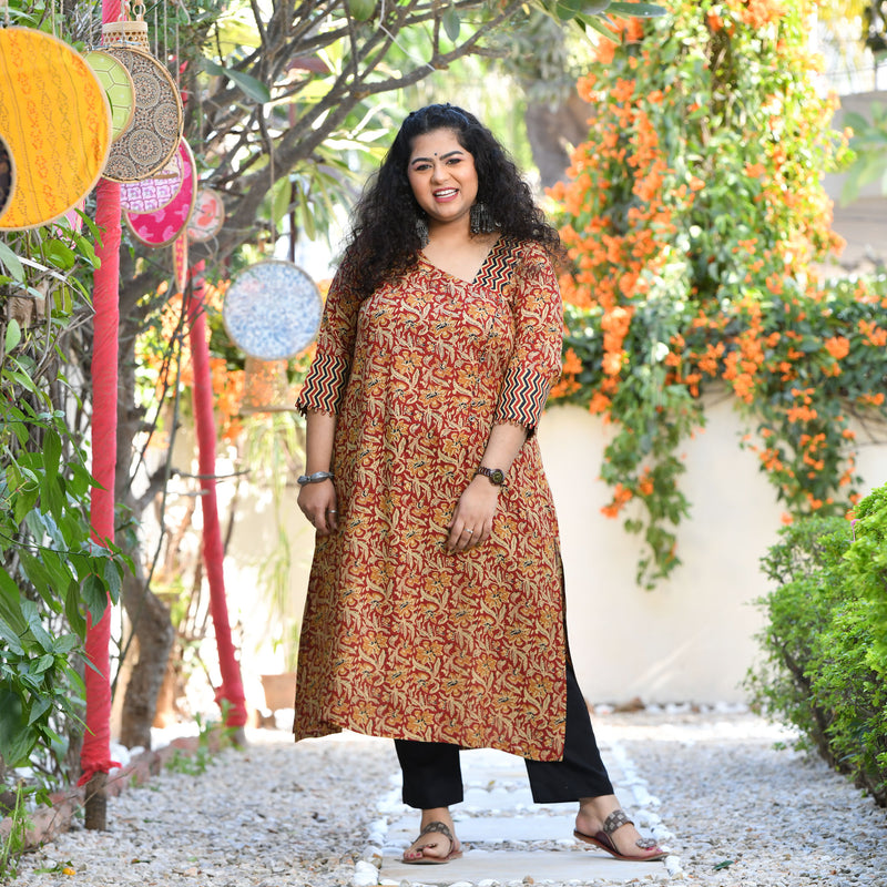 Regal Maroon Kalamkari Printed Modal Kurta