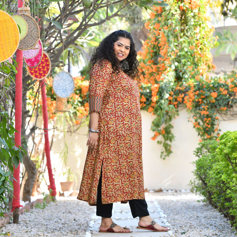 Regal Maroon Kalamkari Printed Modal Kurta