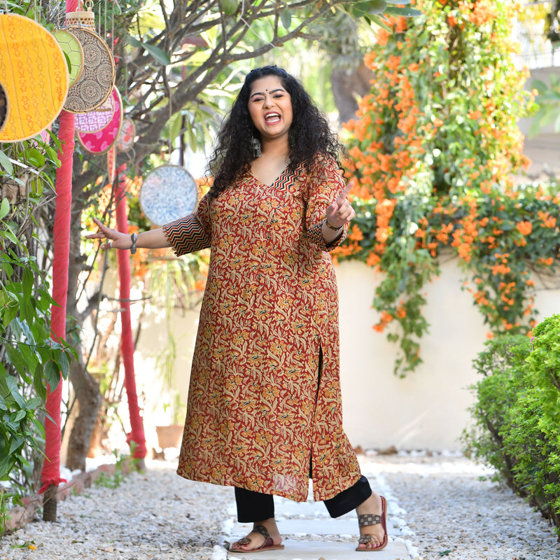 Regal Maroon Kalamkari Printed Modal Kurta