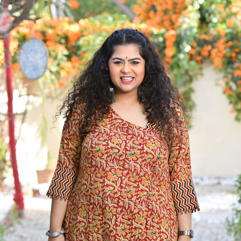 Regal Maroon Kalamkari Printed Modal Kurta