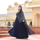 Navy Blue & Gold Sequin Anarkali With Belt Drape