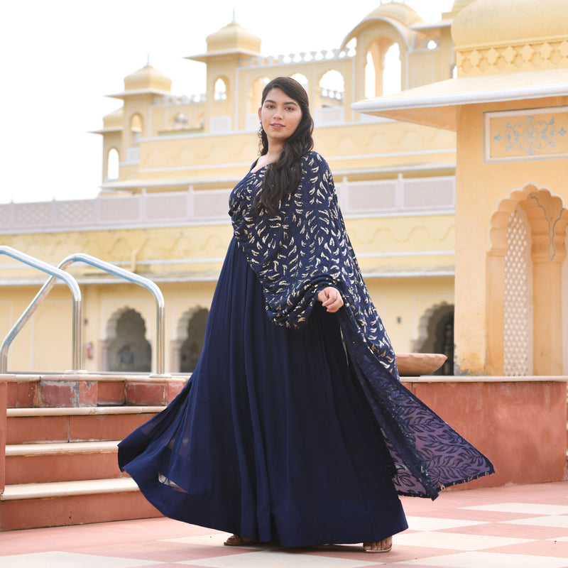 Navy Blue & Gold Sequin Anarkali With Belt Drape