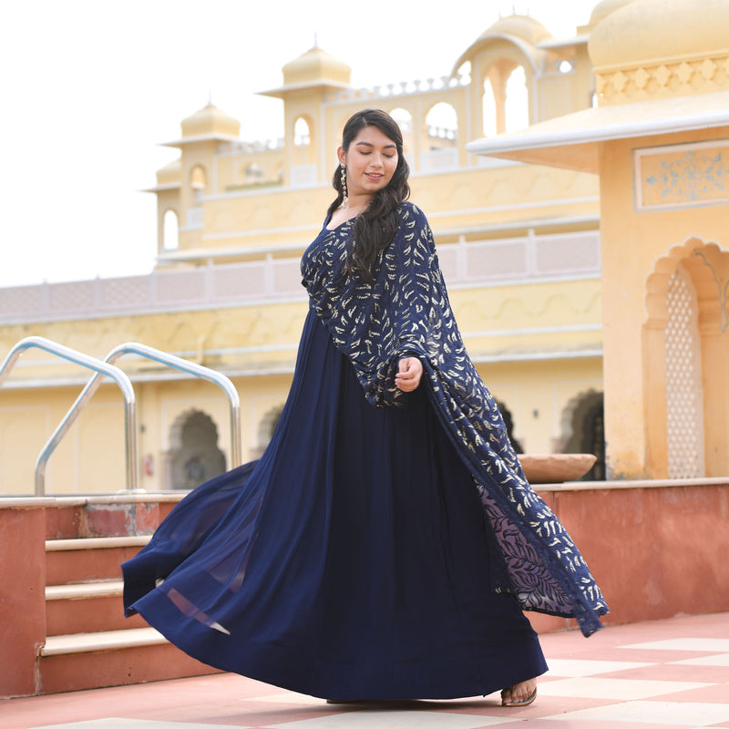 Navy Blue & Gold Sequin Anarkali With Belt Drape