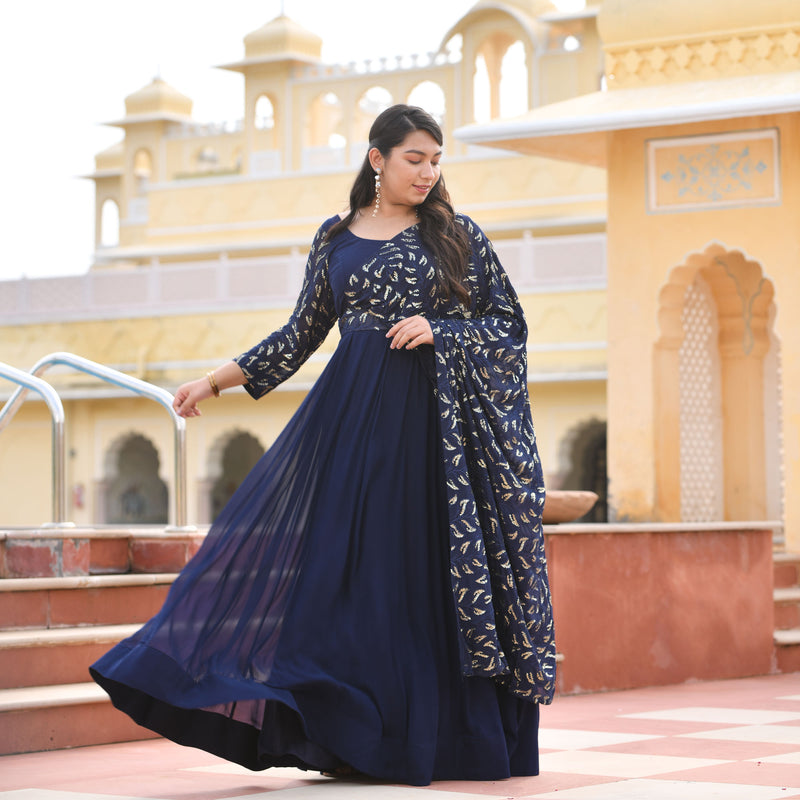 Navy Blue & Gold Sequin Anarkali With Belt Drape