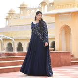 Navy Blue & Gold Sequin Anarkali With Belt Drape