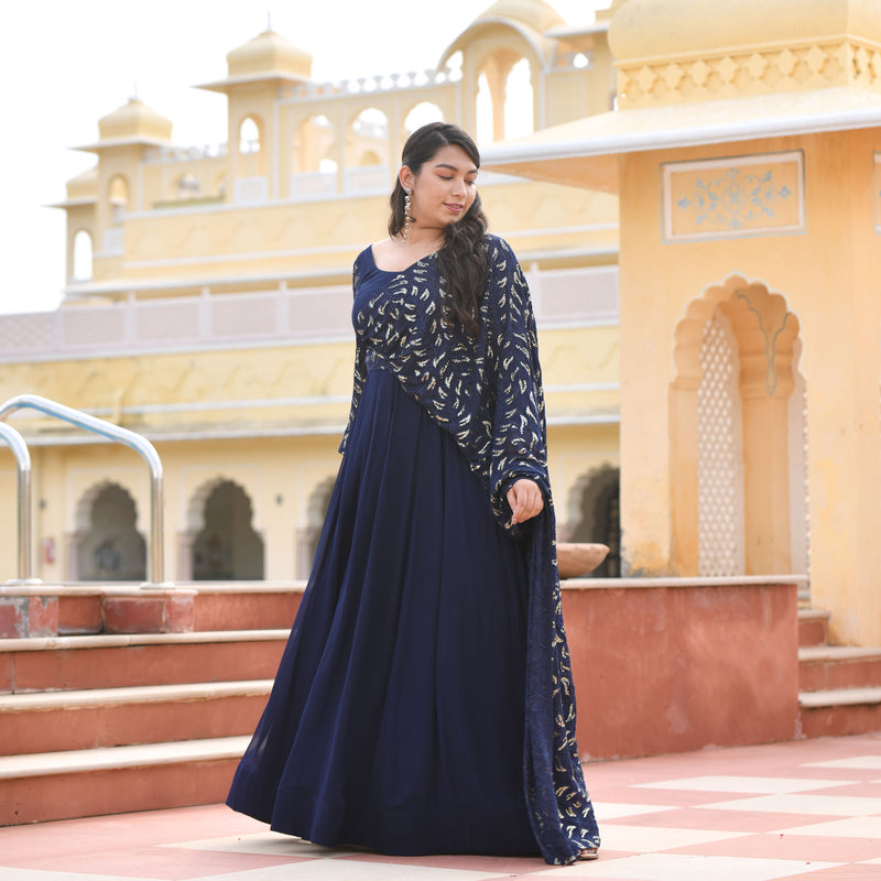 Navy Blue & Gold Sequin Anarkali With Belt Drape