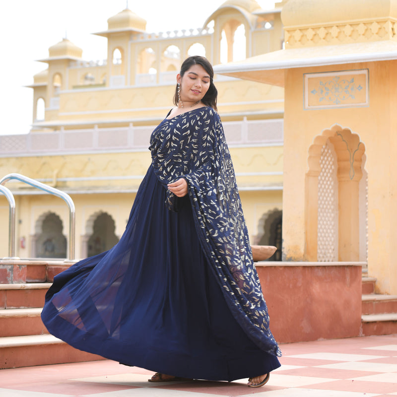 Navy Blue & Gold Sequin Anarkali With Belt Drape