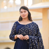 Navy Blue & Gold Sequin Anarkali With Belt Drape