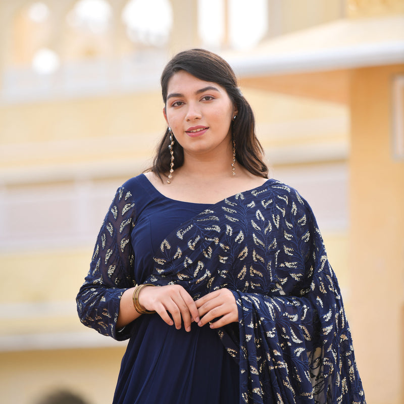 Navy Blue & Gold Sequin Anarkali With Belt Drape