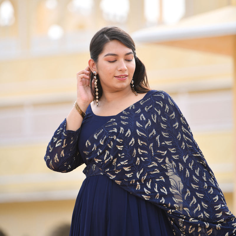 Navy Blue & Gold Sequin Anarkali With Belt Drape