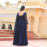 Navy Blue & Gold Sequin Anarkali With Belt Drape
