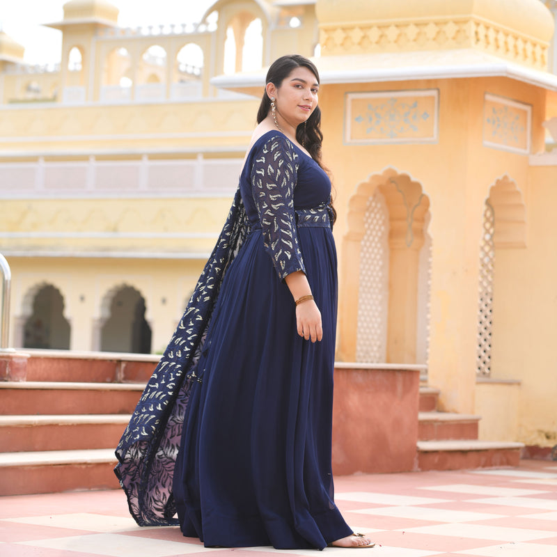 Navy Blue & Gold Sequin Anarkali With Belt Drape