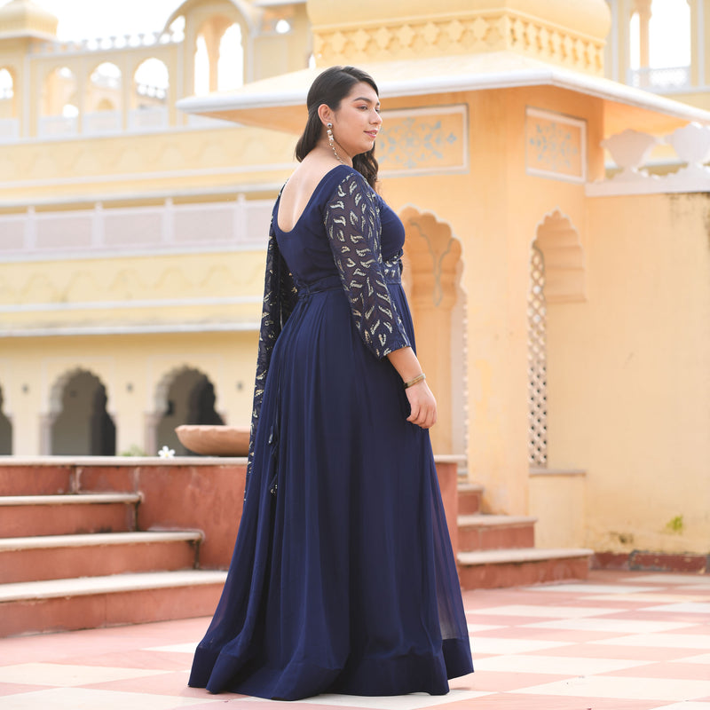 Navy Blue & Gold Sequin Anarkali With Belt Drape