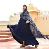 Navy Blue & Gold Sequin Anarkali With Belt Drape