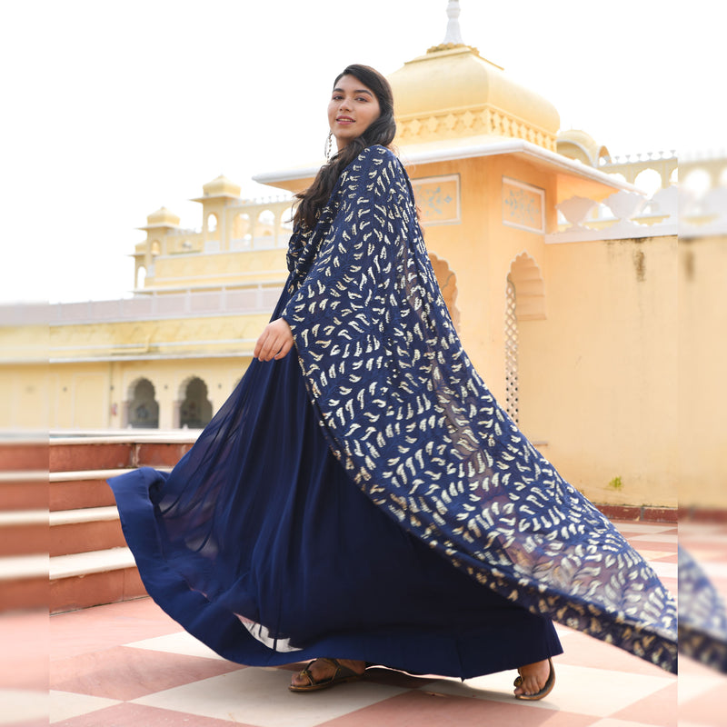 Navy Blue & Gold Sequin Anarkali With Belt Drape