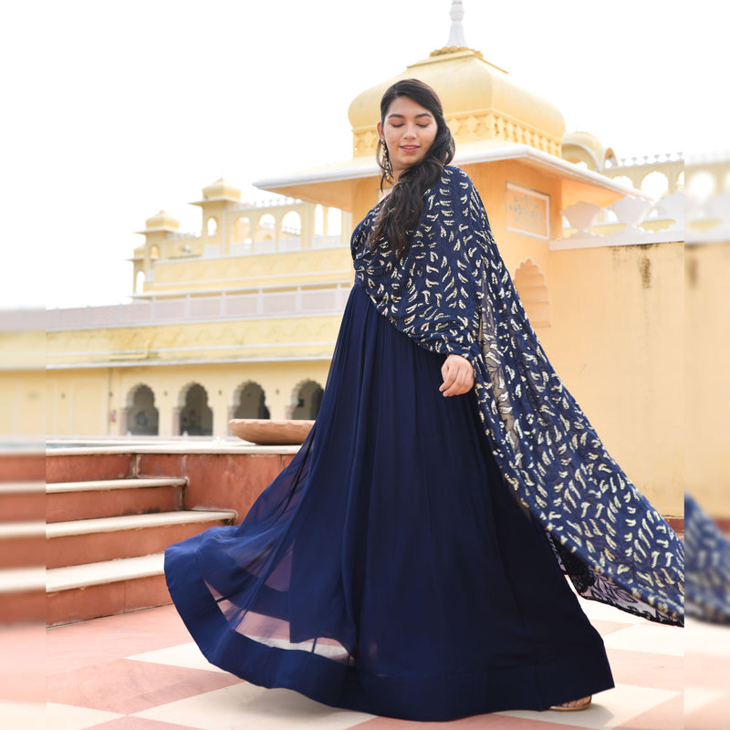 Navy Blue & Gold Sequin Anarkali With Belt Drape