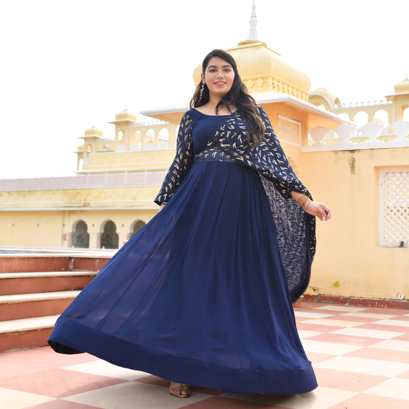 Navy Blue & Gold Sequin Anarkali With Belt Drape