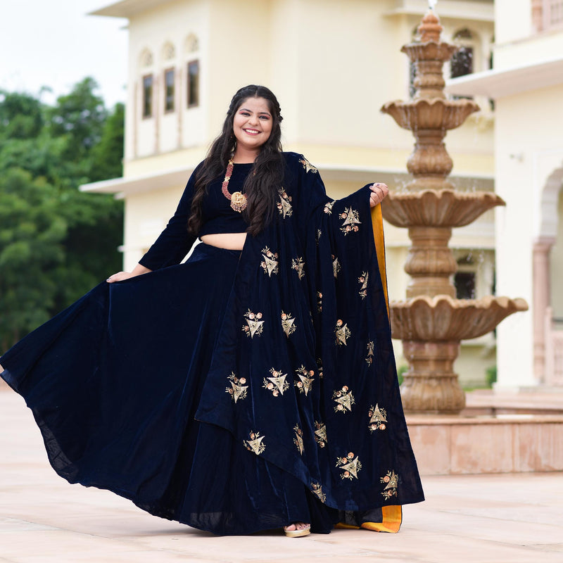 Navy Blue Velvet Majesty Lehenga Set