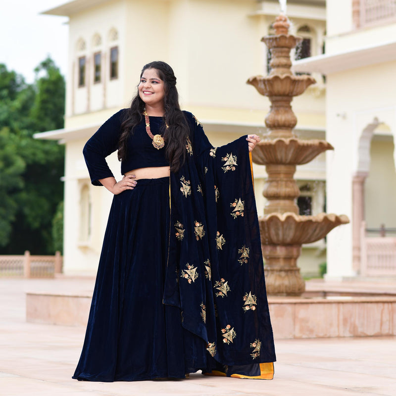 Navy Blue Velvet Majesty Lehenga Set