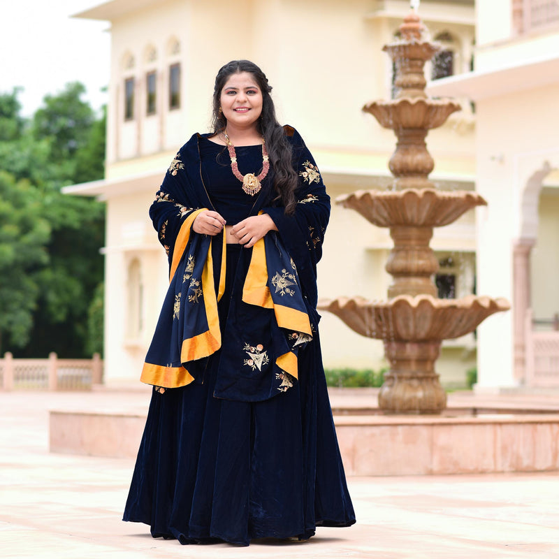 Navy Blue Velvet Majesty Lehenga Set