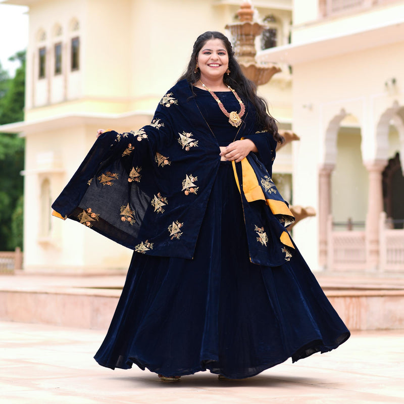 Navy Blue Velvet Majesty Lehenga Set