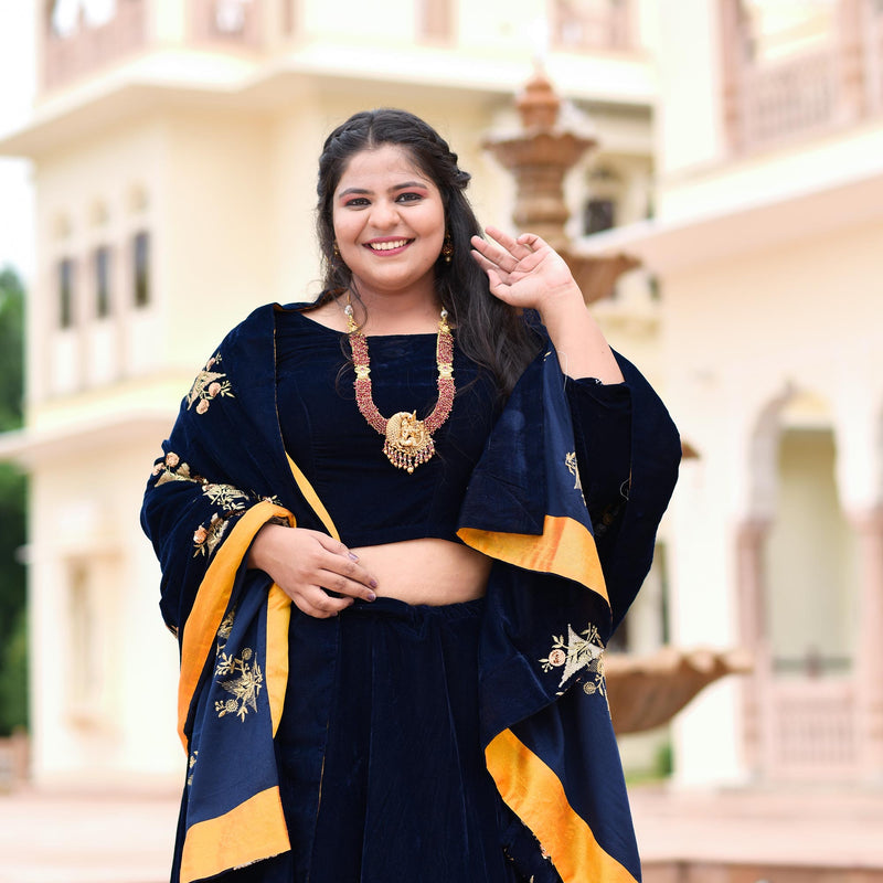 Navy Blue Velvet Majesty Lehenga Set