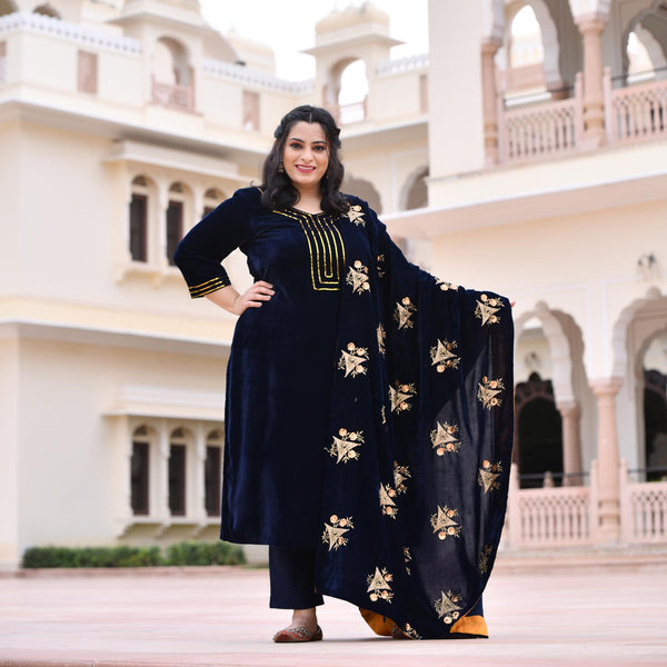Navy Blue Velvet Majesty Suit Set