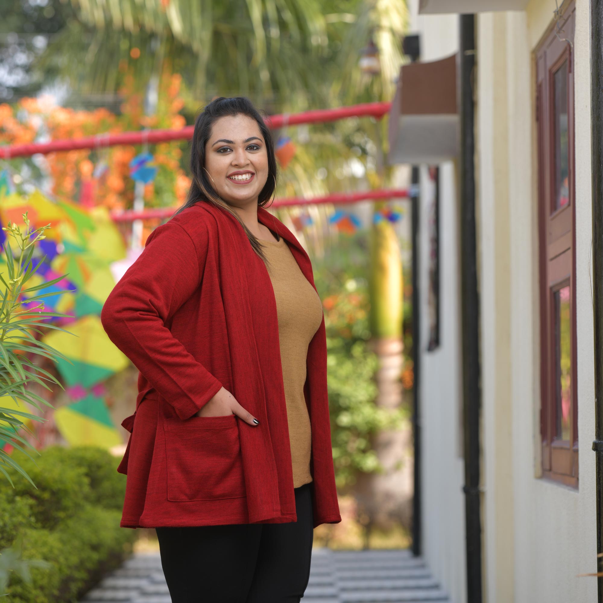 Woollen Old Brick Knitted Cape with Belt