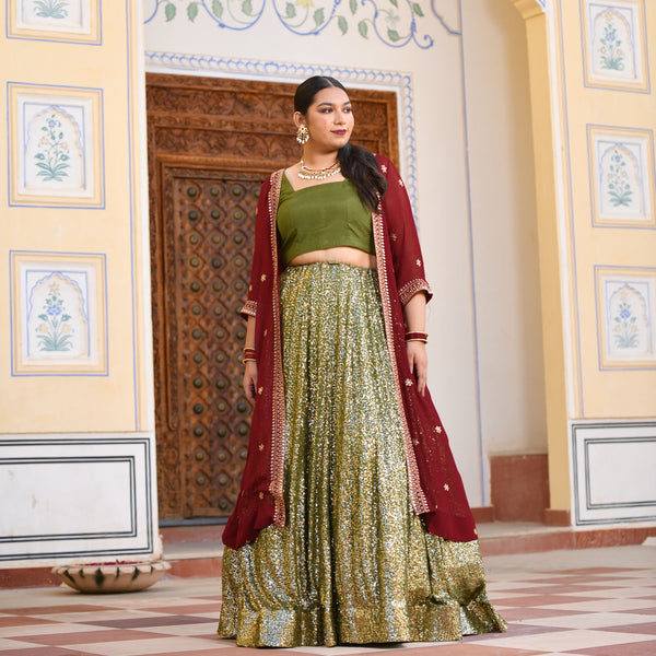 Olive & Garnet Sequin Cape Lehenga Set