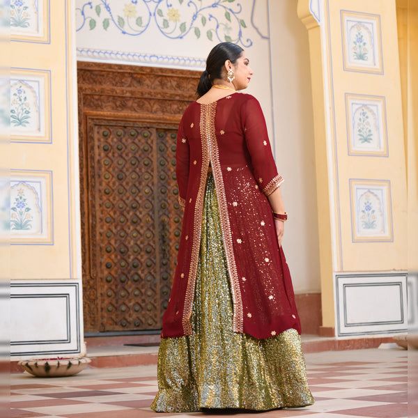 Olive & Garnet Sequin Cape Lehenga Set