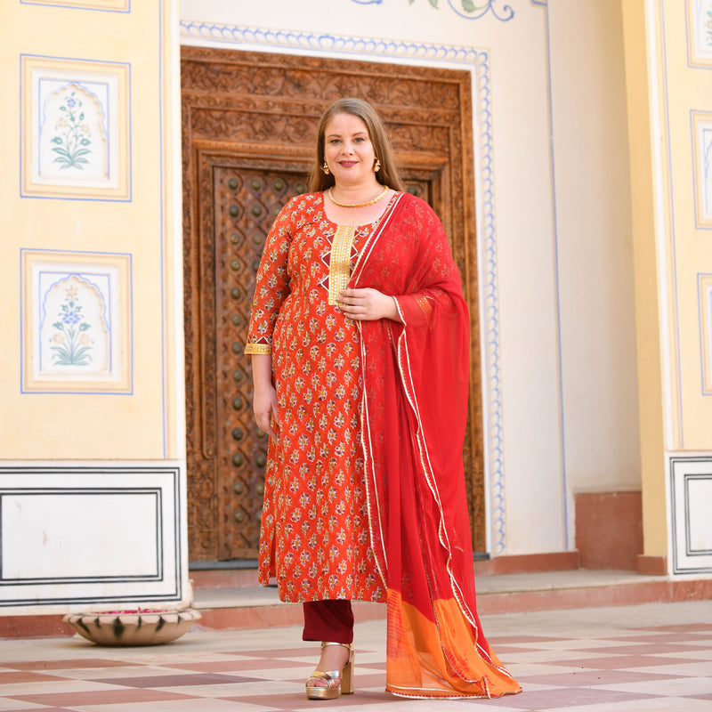 Daisy Orange Gota Patti Handblock Chanderi Suit Set