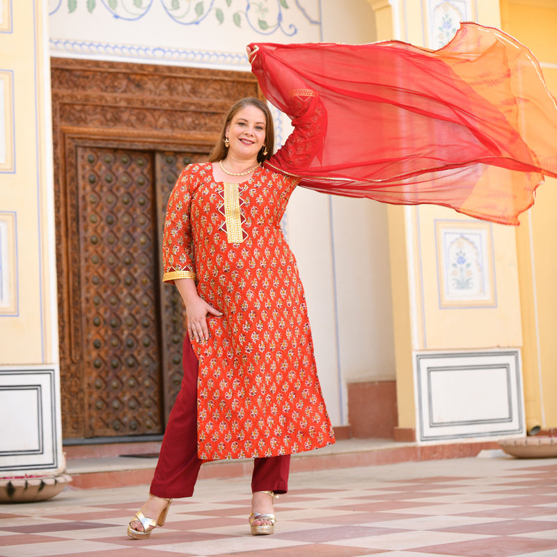 Daisy Orange Gota Patti Handblock Chanderi Suit Set