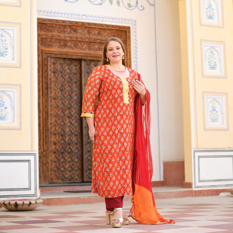Daisy Orange Gota Patti Handblock Chanderi Suit Set