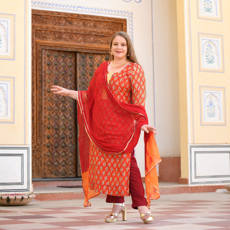 Daisy Orange Gota Patti Handblock Chanderi Kurta