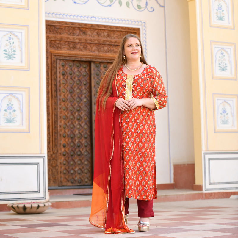 Daisy Orange Gota Patti Handblock Chanderi Suit Set