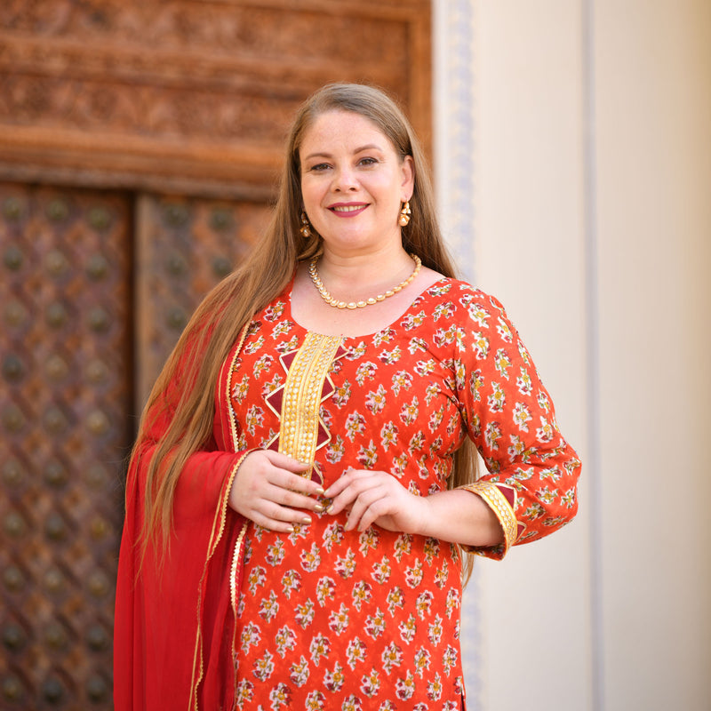 Daisy Orange Gota Patti Handblock Chanderi Suit Set