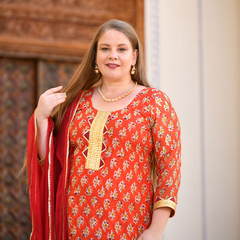 Daisy Orange Gota Patti Handblock Chanderi Suit Set